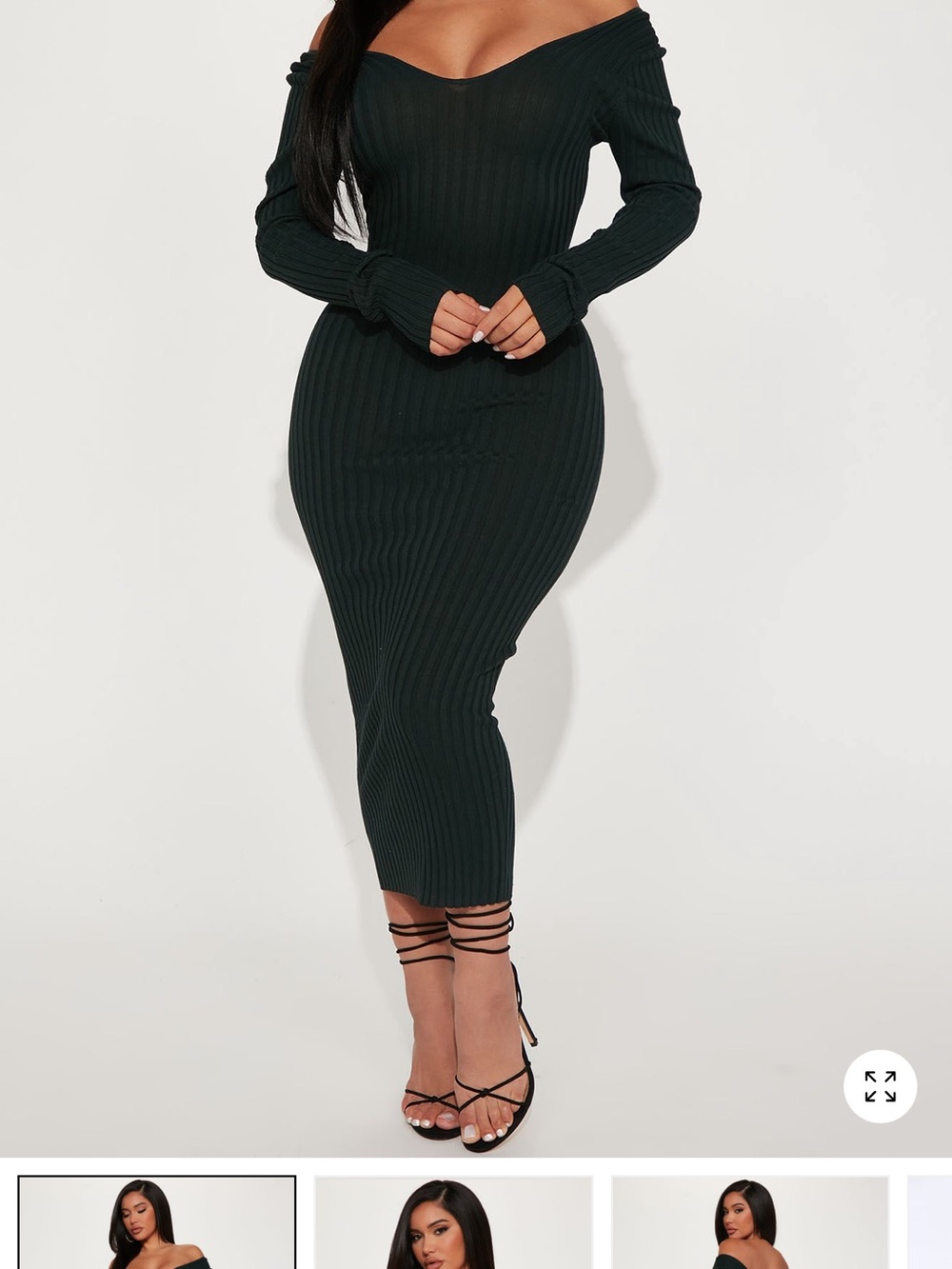 Fashion Nova Off-Shoulder Ribbed Maxi Dress in Dark Green